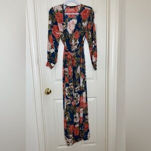 Olivaceous Blue and Pink Floral Long Sleeve maxi robe